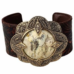 Vintage Barse Adjustable African Opal Bronze Brown Tooled Genuine Leather Cuff